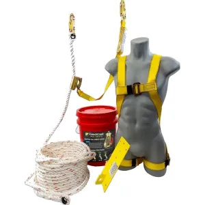 French Creek Production RKB-MRA-25 25 ft RKB Complete Roofer's Kit System - Roof Anchor Rope Lifeline Manual Rope Grab Full Body Harness and Bucket