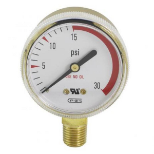 Gentec G20B-F030RSP Gauge, 2", Single Scale, Brass Case, 30PSI, 15PSI, Red Line, Skin Package