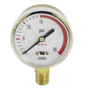 Gentec G25B-F030RSP Gauge, 2.5", Single Scale, Brass Case, 30PSI, 15PSI Red Line, Skin Package