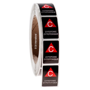 LabTAG L-001-1R Warning Labels - CYTOTOXIC 1" x 1.5" / 25.4mm x 38mm, Red/ White On Black, 3" Core