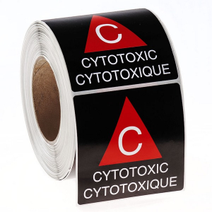 LabTAG L-003-0.5R Warning Labels - CYTOTOXIC 4" x 4" / 101.6mm x 101.6mm, Red/ White On Black, 3" Core