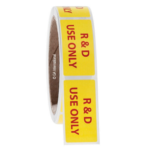 LabTAG L-007-0.5R Warning Labels - "R & D Use Only" 1" x 2" / 25.4mm x 50.8mm, Red On Yellow, 3" Core
