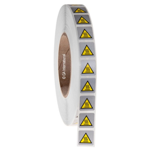 LabTAG WL-008-1R ISO Warning Labels - Hot Surface Hazard 0.75" x 0.75" / 19.1 mm x 19.1 mm, Black/Yellow On Silver, 3" Core
