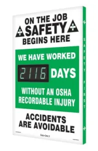 NMC SCK116 28" x 20" Digi-Day Electronic Safety Scoreboards: We Have Worked __Days Without An OSHA Recordable Injury, Aluminum Face