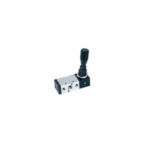 STC 4H230P-M Hand-Operated Pneumatic Valve with Three Position Lever Pressure Center 1/4" NPT (1/8" Exhaust Ports) Anodized Aluminum NBR Detented