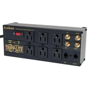 Tripp-Lite ISOBAR6DBS Isobar 6-Outlet Surge Protector, 6 ft. Cord with Right-Angle Plug, 3330 Joules, Diagnostic LEDs, Tel/Coax/Modem, Metal