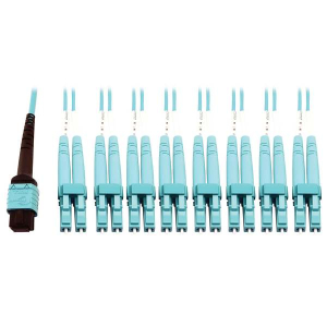 Tripp-Lite N846D-01M-24CAQ 400G Multimode 50/125 OM4 Plenum Fiber Optic Breakout Cable, 24F MTP/MPO-PC to (x4) LC Duplex (F/M), Aqua, 1 m