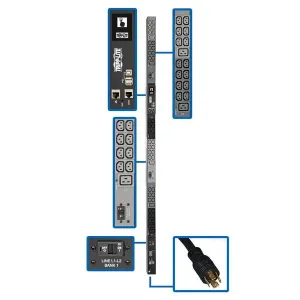 Tripp-Lite PDU3EVN10L2130B 10kW 200-240V 3PH Monitored PDU - LX Interface, Gigabit, 48 Outlets, NEMA L21-30P, LCD, 3 m Cord, 0U 1.8 m Height, TAA