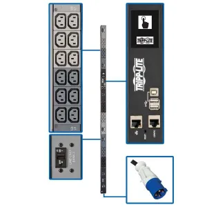 Tripp-Lite PDU3EVN6G60C 18.7kW 200-240V 3PH Monitored PDU - LX Interface, Gigabit, 36 C13 Outlets, IEC 309 60A Blue Input, LCD, 0U 1.8 m Height, TAA