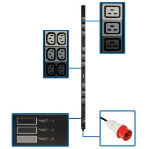 Tripp-Lite PDU3XV6G20 11.5kW 3-Phase Basic PDU 45 208-240V Outlets (36 C13 and 9 C19) IEC 309 16/20A Red 360-415V Input 6 ft. Cord 70 in. 0U TAA