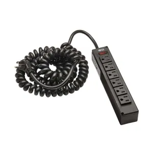 Tripp-Lite TLP610COILAM Safe-IT 6-Outlet Surge Protector - 10 ft. Spiral Cord, 5-15P Plug, 300 Joules, Antimicrobial Protection, Black
