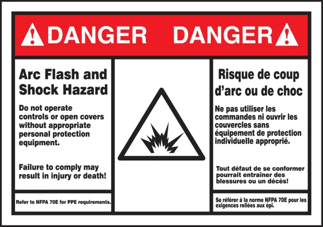 Accuform FBLSPS140 Bilingual ANSI Danger Arc Flash Protection Label: Arc Flash and Shock Hazard