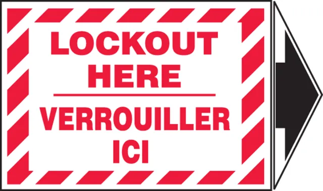 Accuform FBLSPS509VSP Bilingual Lockout/Tagout Label: Lockout Here (With Arrow)