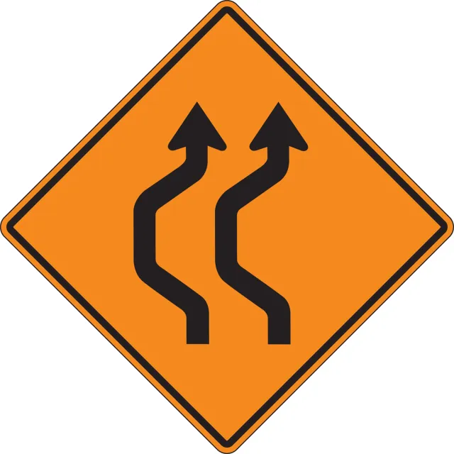 Accuform FRK233HP Rigid Construction Sign: Two Lane Double Reverse Curve (Left)