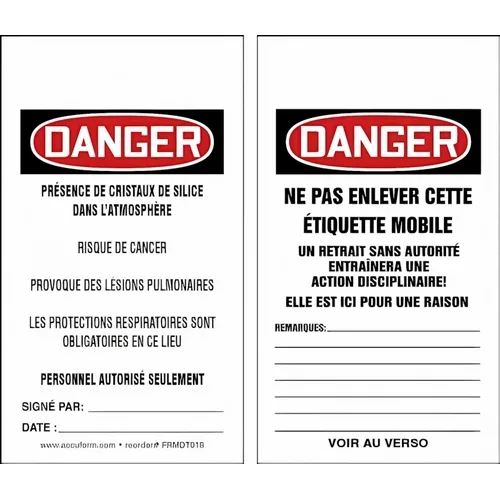 Accuform FRMDT018LTM OSHA Danger Safety Tags HS-Laminate ""Respirable Crystalline Silica"", Standard Back A French, Pack of 5 pcs