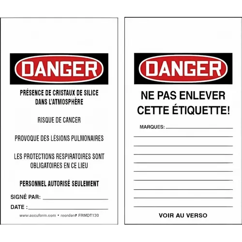 Accuform FRMDT130LTM OSHA Danger Safety Tags HS-Laminate ""Respirable Crystalline Silica"", Standard Back B French, Pack of 5 pcs