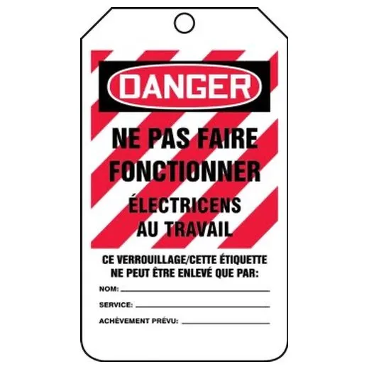 French Safety Tags, DANGER DO NOT OPERATE ELECTRICIANS AT WORK, 5.75in x 3.25in, HS-Laminate, 5PK