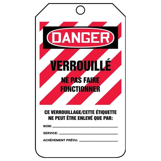 French Safety Tags, DANGER LOCKED OUT DO NOT OPERATE, 5.75in x 3.25in, RP-Plastic, 5PK