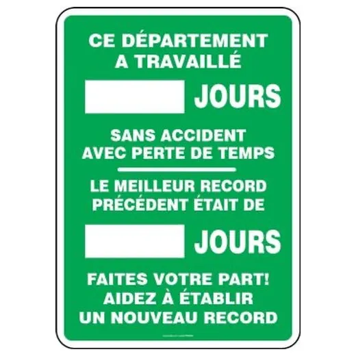 Accuform FRMSR124PL 20"" x 14"" Write-A-Day Scoreboards: This Department Has Worked _ Days without a Lost Time Accident - the Best Previous Record Was