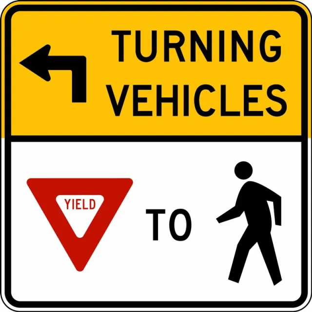 Accuform FRR488HP Intersection Sign: Turning Vehicles Must Yield To Pedestrians