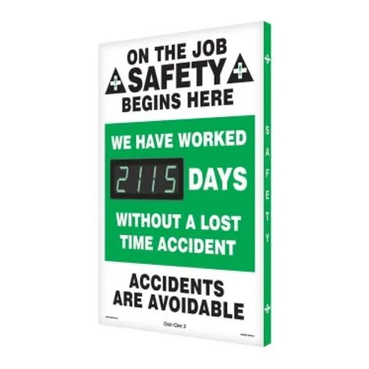 Accuform FRSCK115 28"" x 20"" Digi-Day Electronic Safety Scoreboards: We Have Worked __Days without a Lost Time Accident Red Aluminum Face