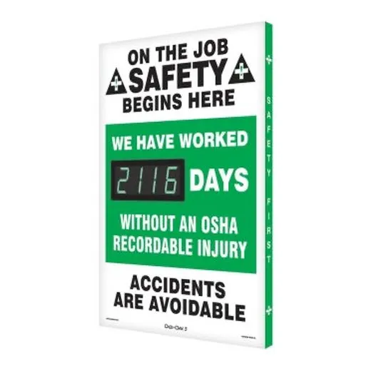 Accuform FRSCK116 28"" x 20"" Aluminum Face Digi-Day Electronic Safety ScoreBoard: We Have Worked __Days without An OSHA Recordable Injury French