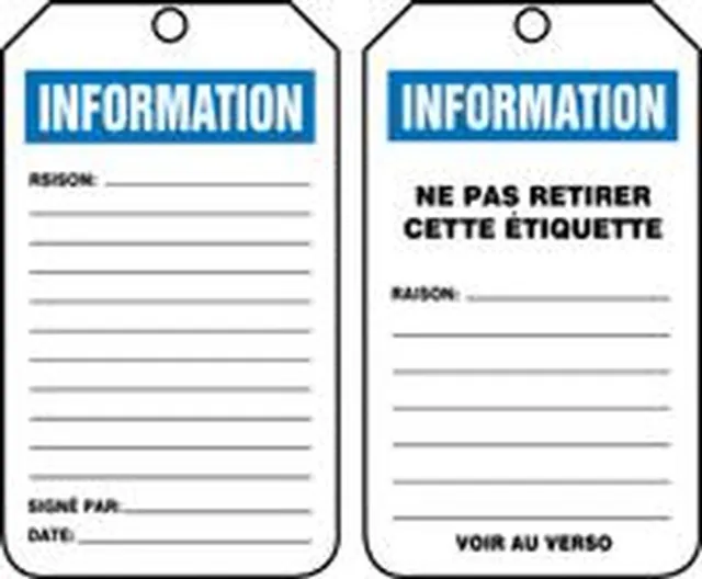 French Safety Tags, INFORMATION, 5.75in x 3.25in, RP-Plastic, 5PK