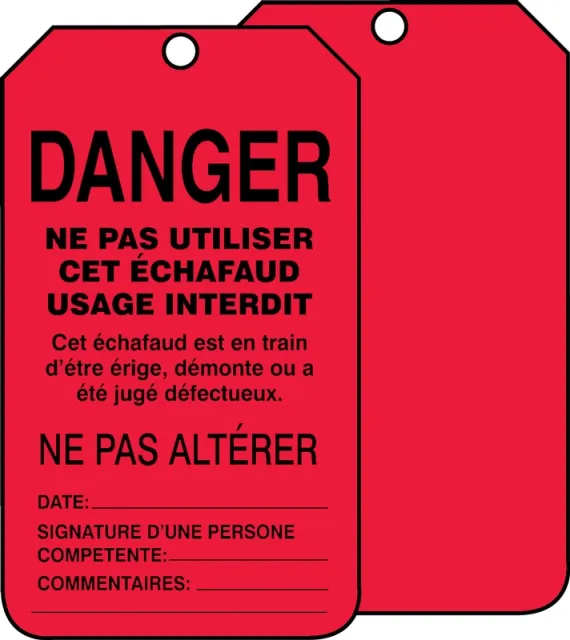 French Safety Tags, DANGER DO NOT USE THIS SCAFFOLD KEEP OFF, 5.75in x 3.25in, HS-Laminate, 25PK