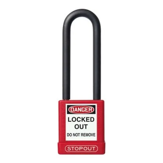 Accuform KDL702RD 8"" Shackle 1-3/4"" x 3"" Stopout Plastic Body Aluminum Padlock with Dielectric Poly-Wrap Steel Shackle Red Keyed Differently