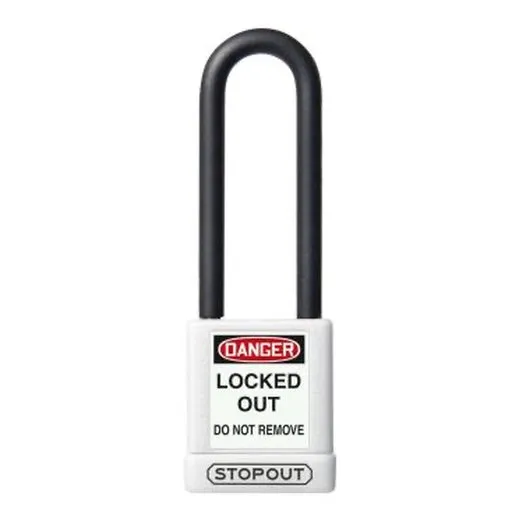 Accuform KDL702WT 8"" Shackle 1-3/4"" x 3"" Stopout Plastic Body Aluminum Padlock with Dielectric Poly-Wrap Steel Shackle White Keyed Differently