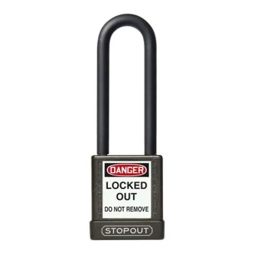 Accuform KDL713BK 8"" Shackle 1-3/4"" x 3"" Stopout Plastic Body Aluminum Padlock with Dielectric Poly-Wrap Steel Shackle Black Keyed Alike