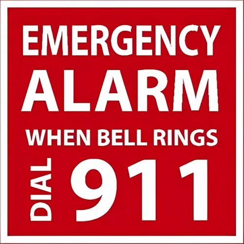 Accuform LFXG548VSP 4"" x 4"" Adhesive Vinyl Safety Labels ""Emergency Alarm When Bell Rings Dial 911"", Pack of 5 pcs