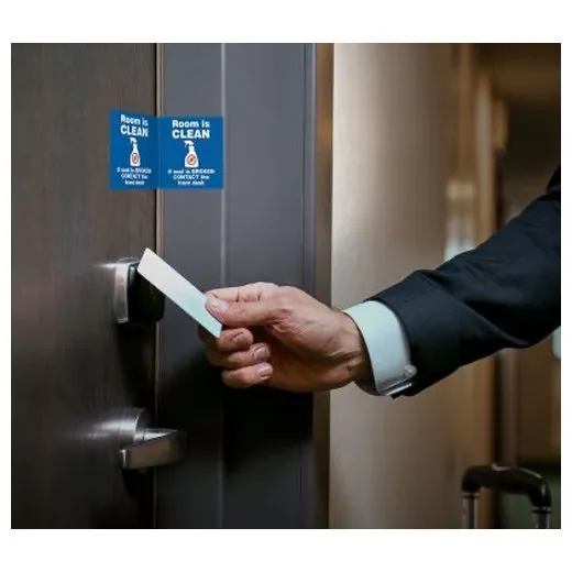 Accuform LHSK001RM1 2-1/2"" x 5"" Door Seal Label: Room is Clean If Seal is Broken Contact the Front Desk Brown Adhesive Dura-Vinyl