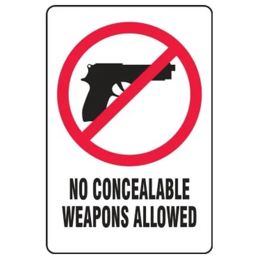 Accuform MACC508VP 12"" x 8"" South Carolina Concealed Weapons Safety Sign: No Concealable Weapons Allowed Red/White Plastic