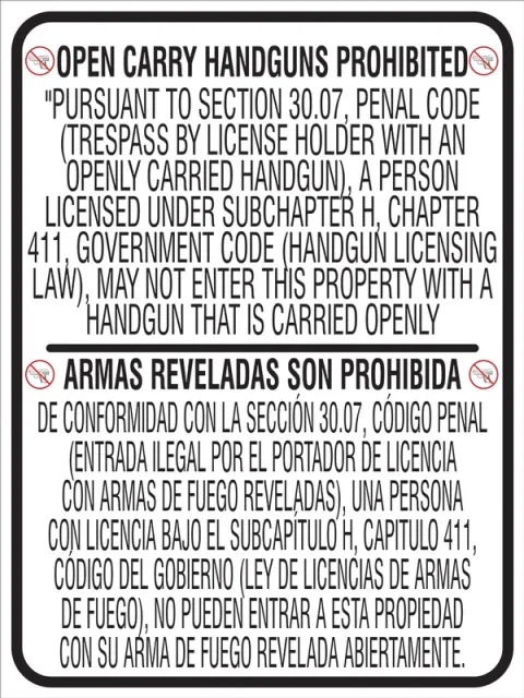 Accuform MACC509VA Bilingual Texas 30.06 Regulation Safety Signs: Prohibiting Handguns In A Business Or Other Entity