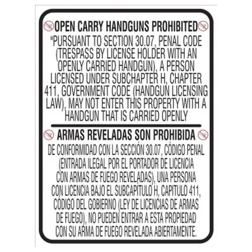 Accuform MACC509XL 24"" x 18"" Bilingual Texas 30.06 Regulation Safety Sign: Prohibiting Handguns in a Business or Other Entity Red/White Aluma-Lite