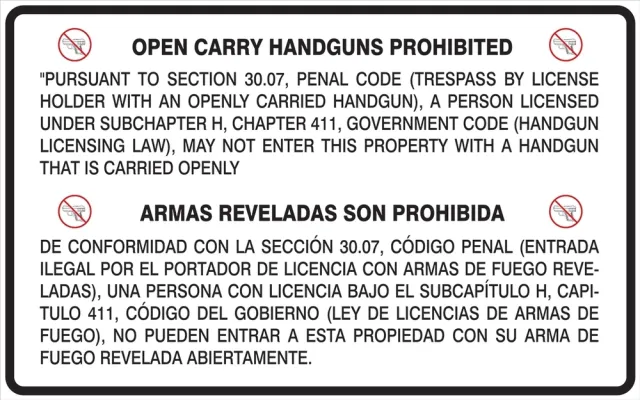 Accuform MACC510XL Bilingual Texas 30.06 Regulation Safety Signs: Prohibiting Handguns In A Business Or Other Entity