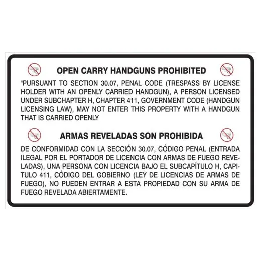Accuform MACC511XL 24"" x 36"" Bilingual Texas 30.06 Regulation Safety Sign: Prohibiting Handguns in a Business or Other Entity Red/White Aluma-Lite