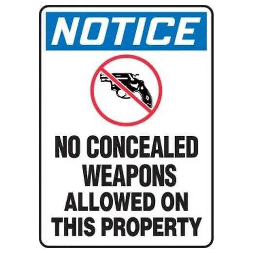 Accuform MACC820VS 18"" x 12"" OSHA Notice Safety Sign: No Concealed Weapons Allowed on This Property Red/White Adhesive Vinyl