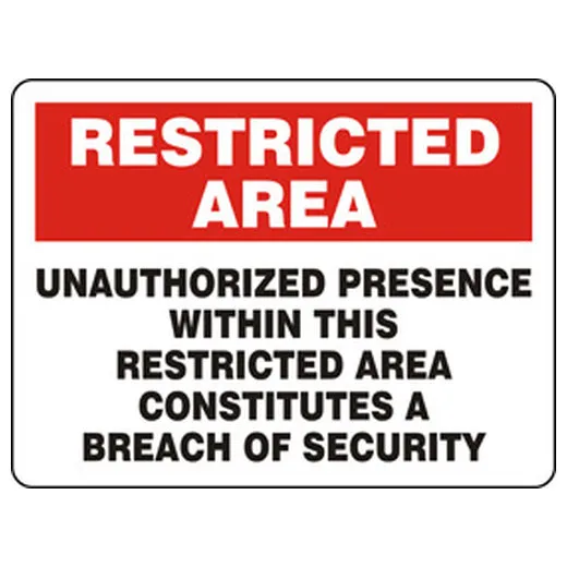 Accuform MADM944VP 14"" x 20"" Restricted Area Safety Sign: Unauthorized Presence Within This Restricted Area Constitutes a Breach of Security Plastic