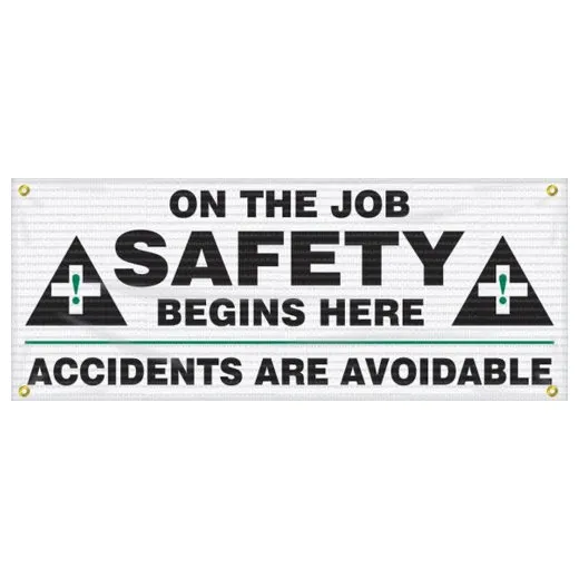 Accuform MBM303 4-ft x 10-ft Mesh Banners: On The Job Safety Begins Here - Accidents Are Avoidable, Reinforced Vinyl
