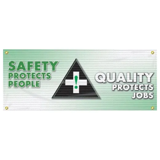 Accuform MBM311 4-ft x 10-ft Mesh Banners: Safety Protects People - Quality Protects Jobs, Reinforced Vinyl