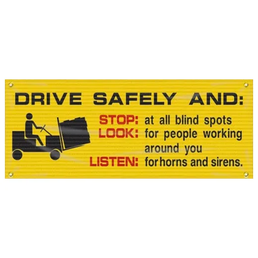 Accuform MBM313 4-ft x 10-ft Mesh Banners: Drive Safely And Stop Look Listen, Reinforced Vinyl