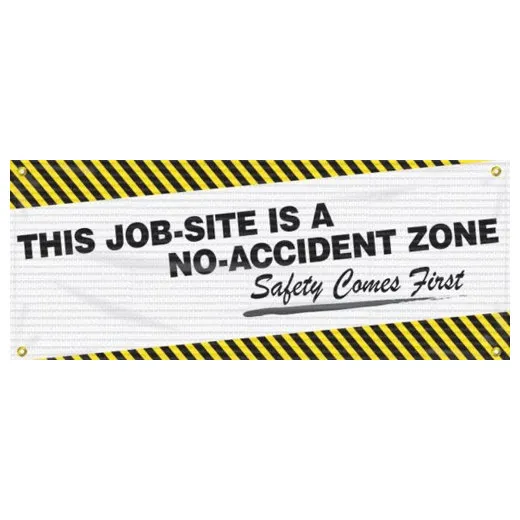 Accuform MBM322 4-ft x 10-ft Mesh Banners: This Job-Site Is A No-Accident Zone - Safety Comes First, Reinforced Vinyl