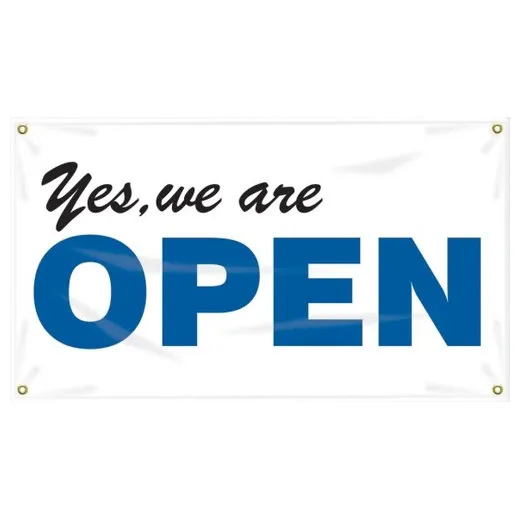 Accuform MBR362 28"" x 4-ft. Safety Banner: Yes, We Are Open, Reinforced Vinyl