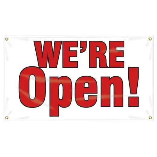 Accuform MBR364 28"" x 4-ft. Safety Banner: We're Open!, Reinforced Vinyl