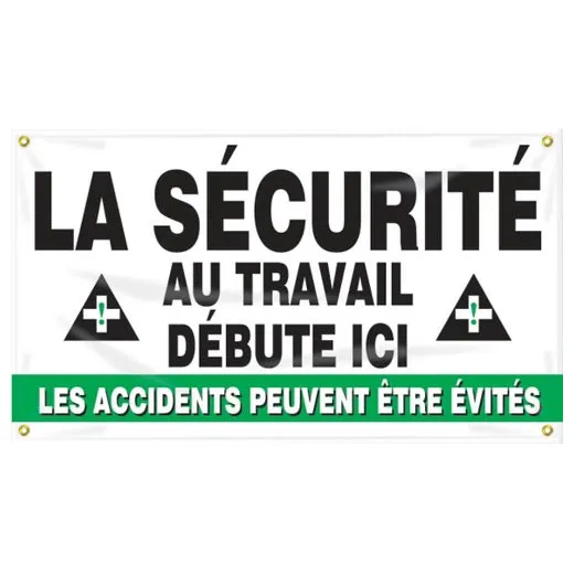Accuform MBR405 28"" x 4-ft. Safety Banner: La Securite Au Travail Debute Ici Lea Accidents PEeuvent Être Évites, Reinforced Vinyl