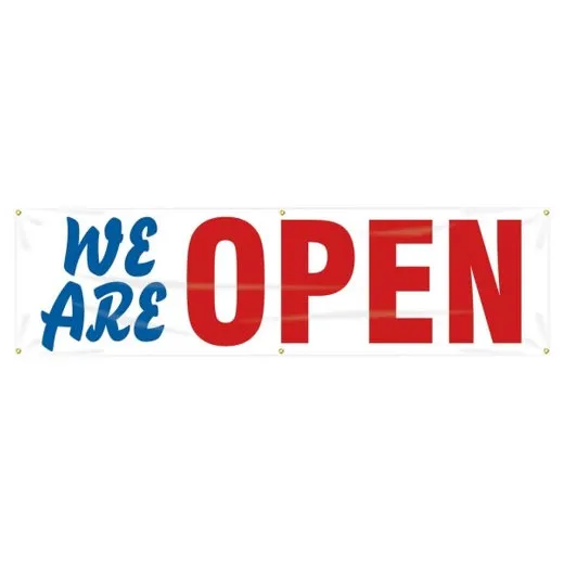 Accuform MBR776 28"" x 8-ft Safety Banner: We Are Open, Adhesive Vinyl