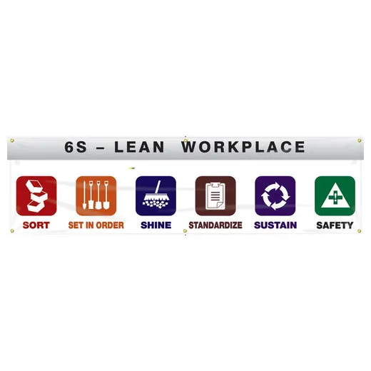 Accuform MBR987 Safety Banners: 6S Lean Workplace - Sort - Set In Order - Shine - Standardize - Sustain - Safety