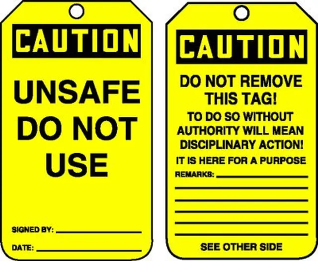 Safety Tags, CAUTION UNSAFE DO NOT USE, 5.75in x 3.25in, RP-Plastic, 5PK